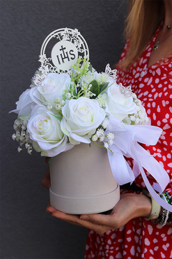 Pierwsza Komunia, biały flowerbox komunijny, wys.31cm