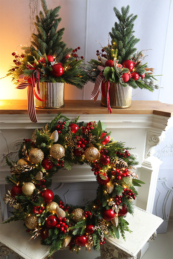 Dynastia, złoto-czerwony świąteczny wianek LED