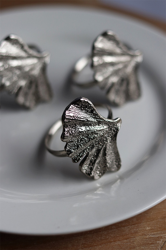 Ginko, obrączki na serwetki, miłorząb, srebrne