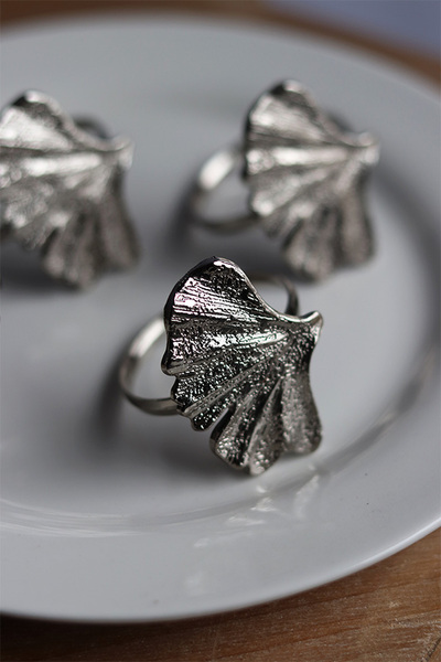 Ginko, obrączki na serwetki, miłorząb, srebrne