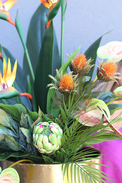 Anturium & Strelicja Złota Bajka, egzotyczna kompozycja do donicy klienta, wys.120cm