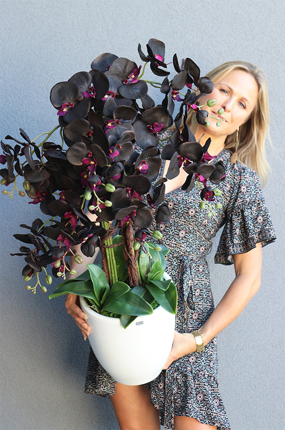 Aubergine New, sztuczny storczyk w białej donicy