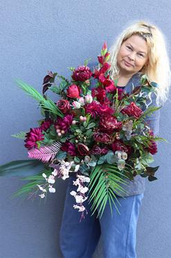 Bordelie, jesienny bukiet nagrobny we wkładzie, dł.60cm 