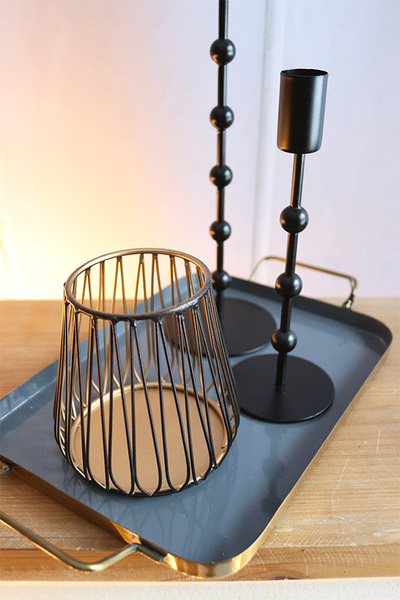 Scandi House, zestaw do świec, taca dwa świeczniki lampion