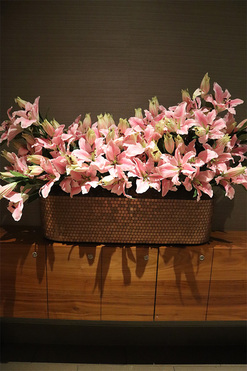 Liliowe Hillton Mozaiq, kompozycja kwiatowa w naczyniu, wys.70cm 