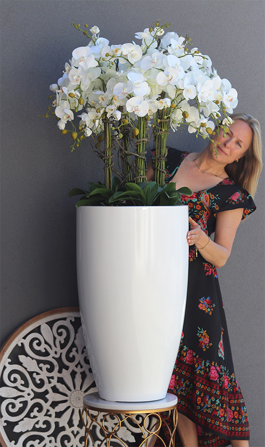 Grande Fiberglass Fenice Big 2, efektowny storczyk w białej donicy z fiberglass, wys.140cm 