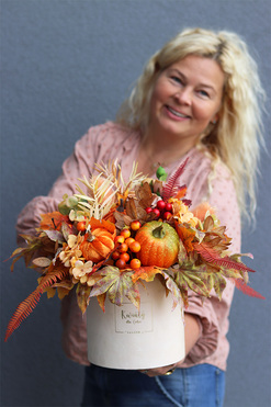 Pumpkins Velvet, jesienny flowerbox dekoracyjny z dyniami, wys.37cm