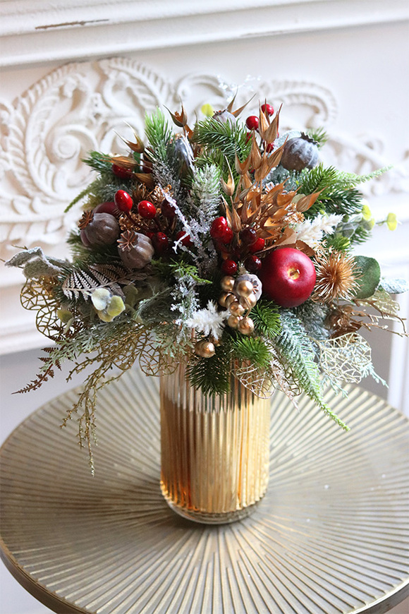 Gold Christmas, świąteczny stroik kompozycja w złotym wazonie