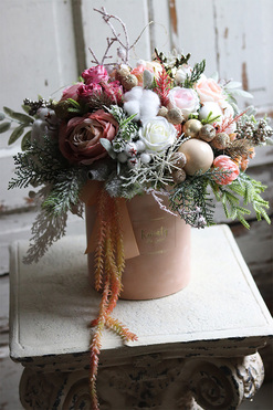 Beigenata LED, flowerbox świąteczny z bawełną, wys.41cm 