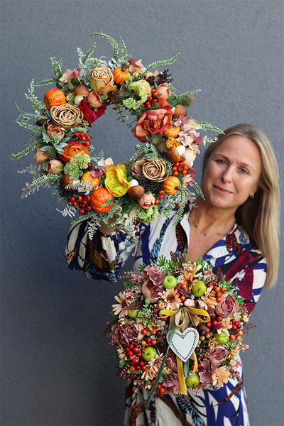 Jesienna Pokusa, jesienny wianek z dyniami i wrzosem