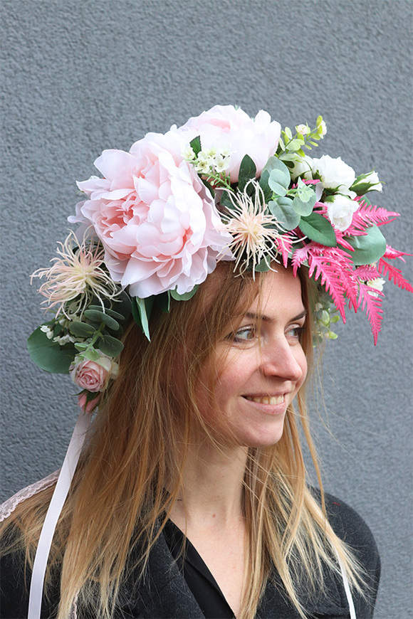 Trele Natural, kwiatowy wianek na głowę z peoniami