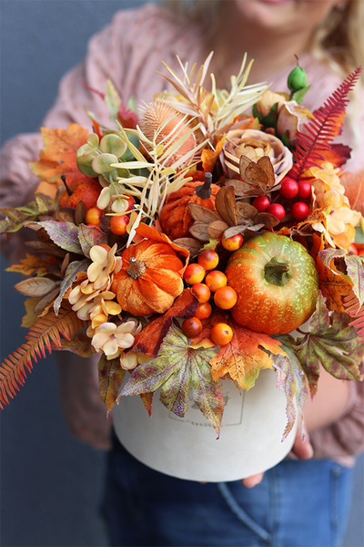 Pumpkins Velvet, jesienny flowerbox dekoracyjny z dyniami