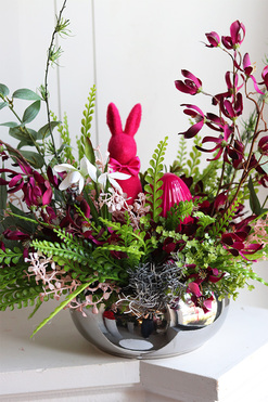 Fuksjowa Wielkanoc Silver, stroik wielkanocny w misie, wys.44cm