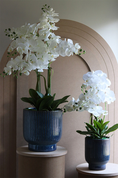 Deep Blue Big, sztuczny storczyk w granatowej donicy