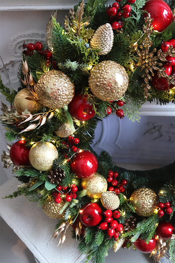 Dynastia, złoto-czerwony świąteczny wianek LED