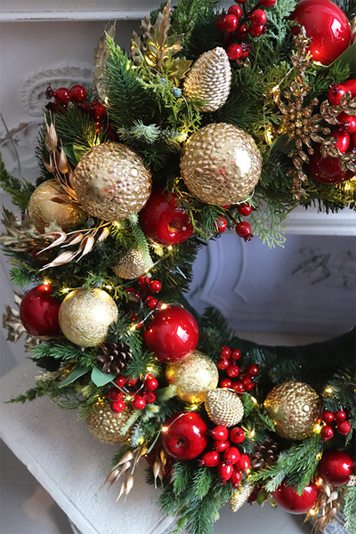 Dynastia, złoto-czerwony świąteczny wianek LED