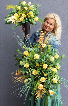 komplet dekoracji nagrobnych Złota Róża, wiązanka i bukiet we wkładzie  