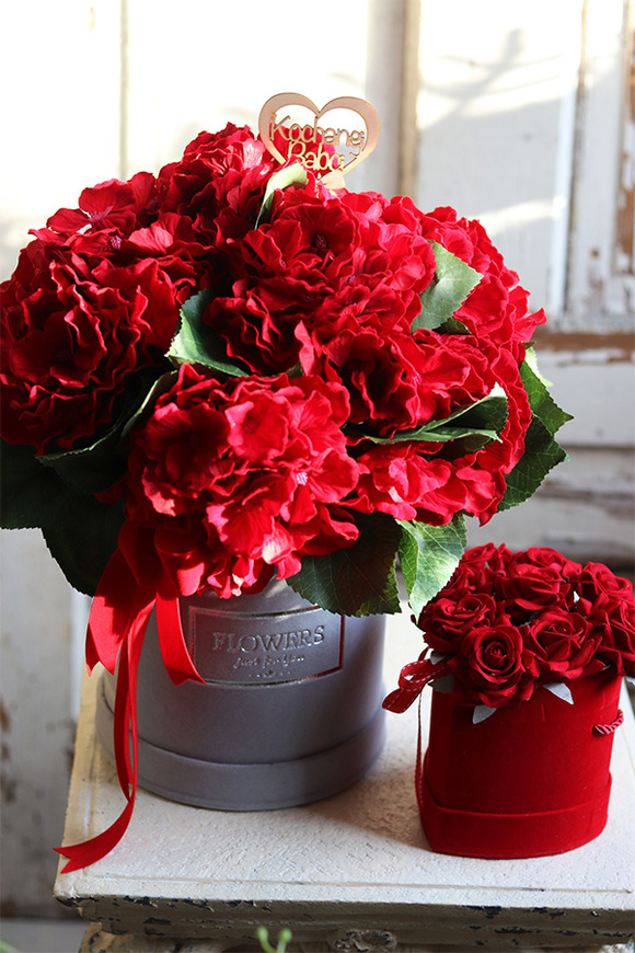 flowerbox welurowy z hortensjami, Hortenata, wym.40x34cm