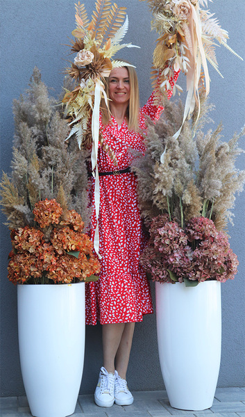 Boho Hortensje&Trawy, wysoka kompozycja z suszonymi trawami