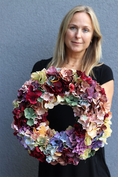 Jesienna Merra, wianek na drzwi z hortensjami