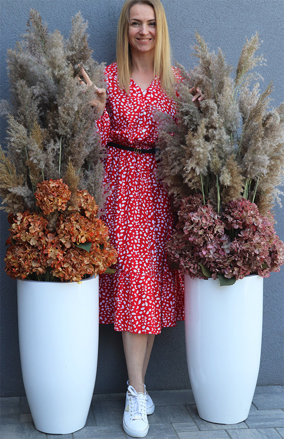 Boho Hortensje&Trawy, wysoka kompozycja z suszonymi trawami