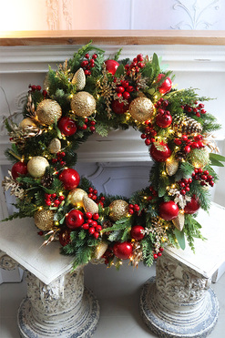 Dynastia, złoto-czerwony świąteczny wianek LED, śr.75cm