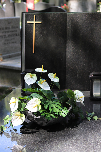 Anturium Volcan White, nowoczesna kompozycja nagrobna