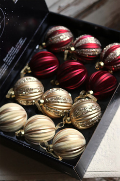 Red & Gold Velvet, błyszczące świąteczne bombki, śr.8cm, kpl.12szt