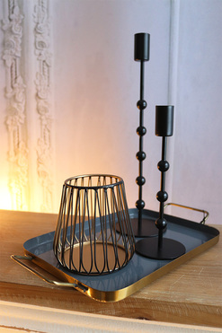 Scandi House Grey, zestaw do świec, taca + 2 świeczniki + lampion