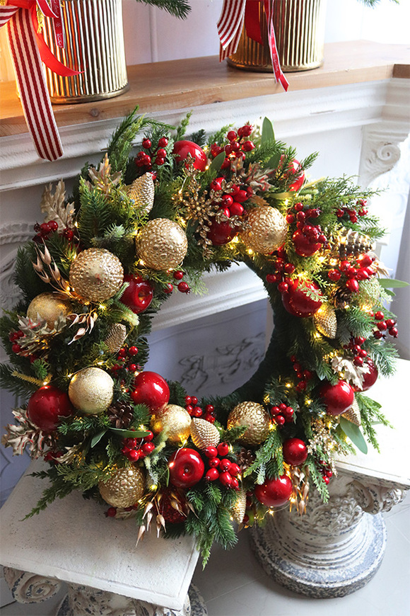 Dynastia, złoto-czerwony świąteczny wianek LED