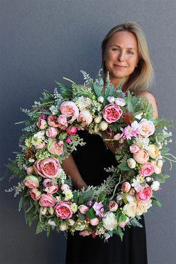 kwiatowy wianek na drzwi, Palaise Pink, śr.54cm 