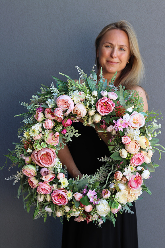 kwiatowy wianek na drzwi, Palaise Pink, śr.54cm 