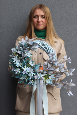 Błogi Błękit, wianek dekoracyjny z ptaszkiem, rozp.50cm