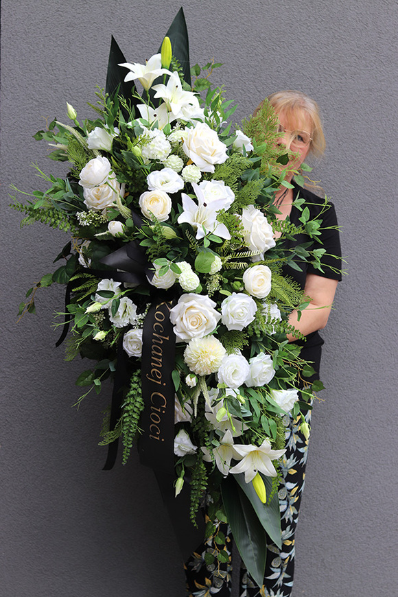 Memorieta, kompozycja / wiązanka pogrzebowa z wstęgą, dł.120cm