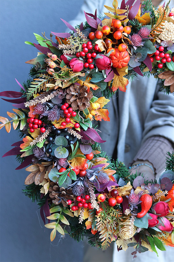  Boski, jesienny wianek z pięknymi dodatkai