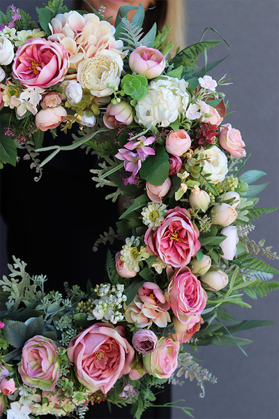 kwiatowy wianek na drzwi, Palaise Pink, śr.54cm 