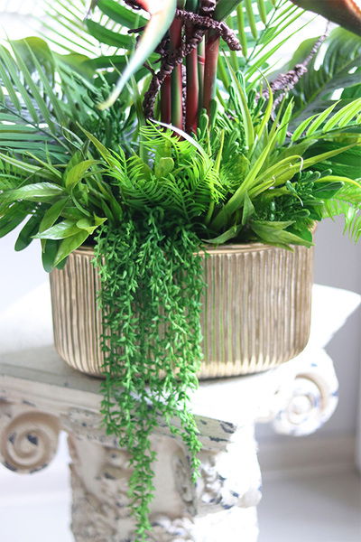 Strelicja Gold Red, kompozycja w złotej donicy