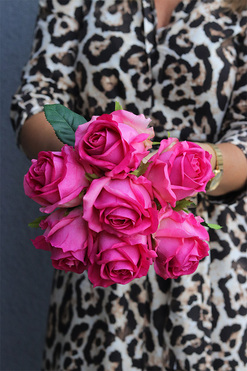 Róża Classic, bukiet róż real-touch, jaskrawy róż, 7szt, dł.29cm