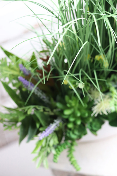 Laos Nrefrio, kompozycja trawy & sukulenty w białej donicy, wys.70cm