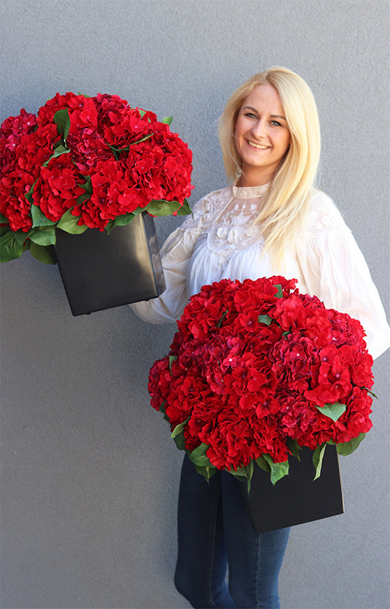 hortensje w czarnym wkładzie, Red Hydrangea, wym.58x50cm 