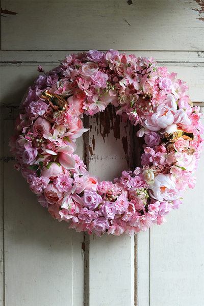 bogaty różowy wianek z ptaszkami, Pink Summer Gold, śr.47cm