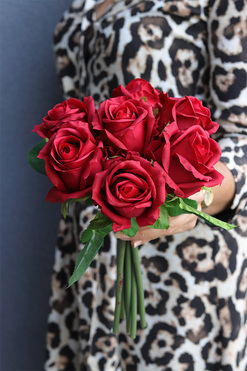 Róża Classic, bukiet róż real-touch, czerwone, 7szt, dł.29cm