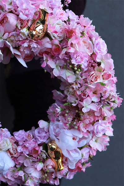 bogaty różowy wianek z ptaszkami, Pink Summer Gold, śr.47cm