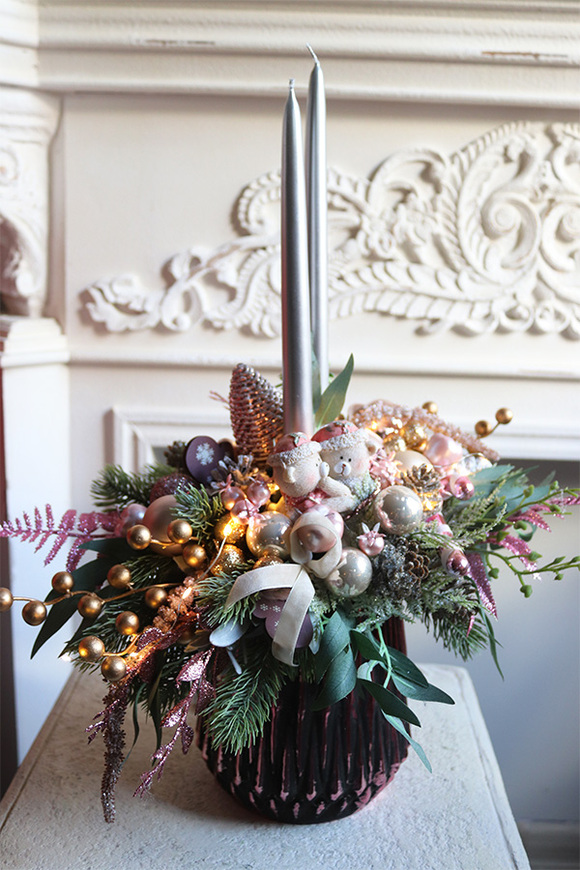 Świąteczny Róż LED, stroik z misiami