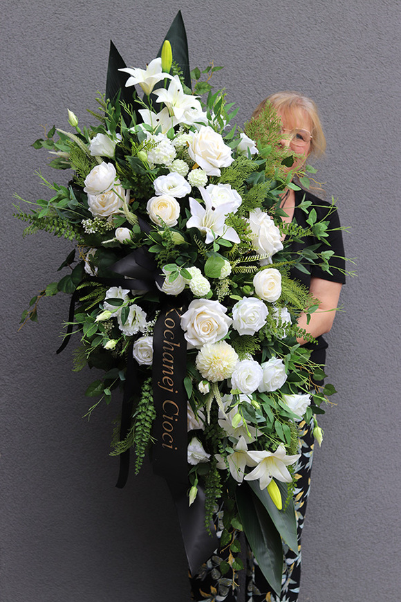 Memorieta, kompozycja / wiązanka pogrzebowa z wstęgą, dł.120cm