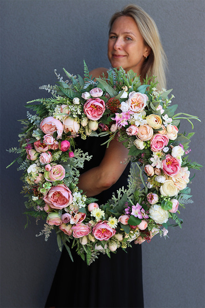 kwiatowy wianek na drzwi, Palaise Pink, śr.54cm 