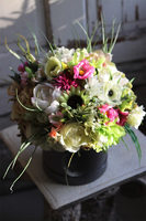 bogaty flowerbox z zielonych i  różowych kwiatów, Gerusto Helissa, wym.31x32cm