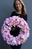 bogaty różowy wianek z ptaszkami, Pink Summer Gold, śr.47cm
