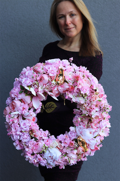 bogaty różowy wianek z ptaszkami, Pink Summer Gold, śr.47cm