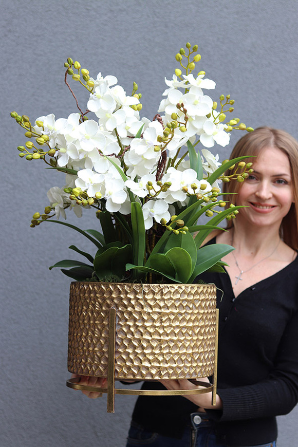 Goldenario Ellie, biały gumowy storczyk w złotej donicy